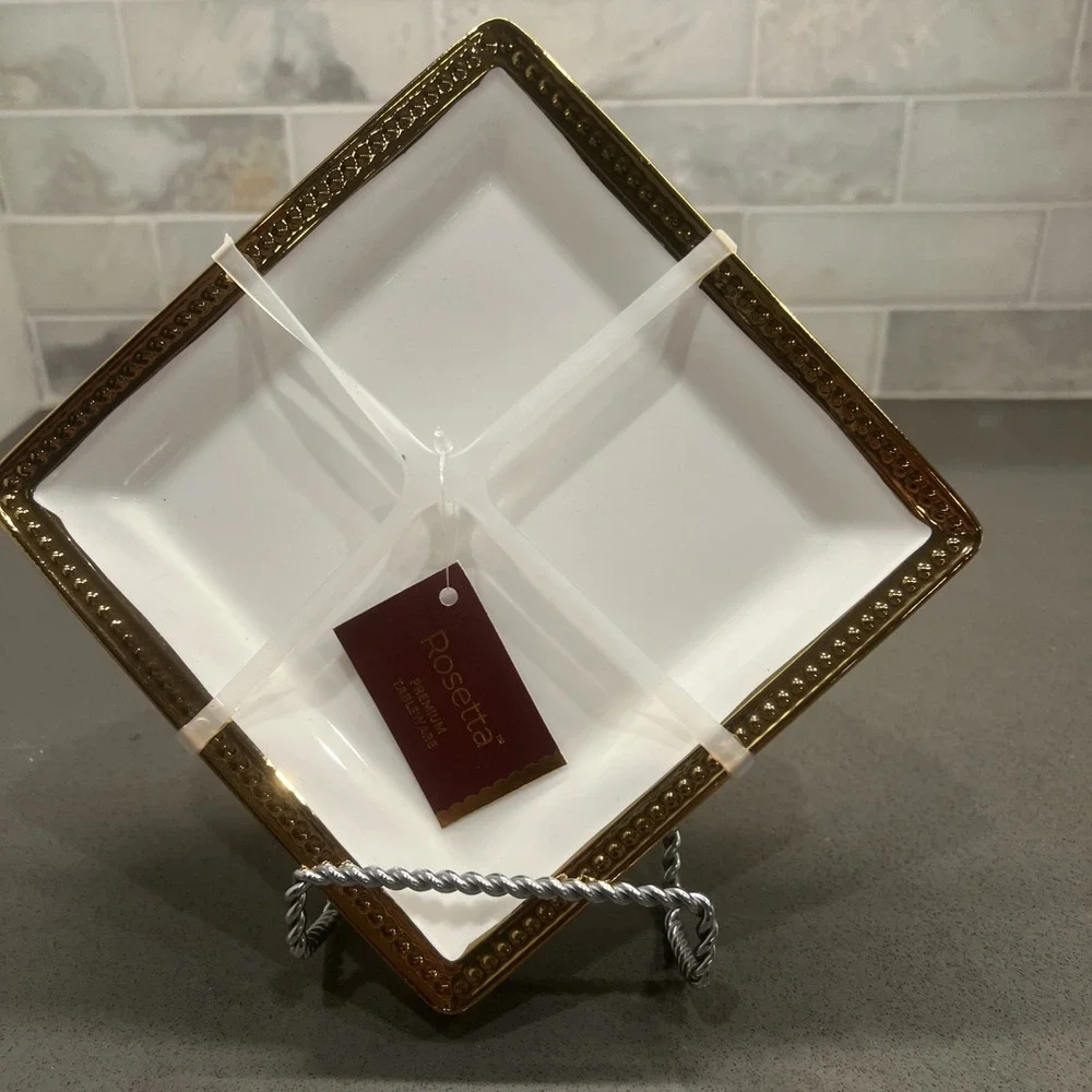 NEW ROSETTA set a four Square tidbit plates white with gold trim